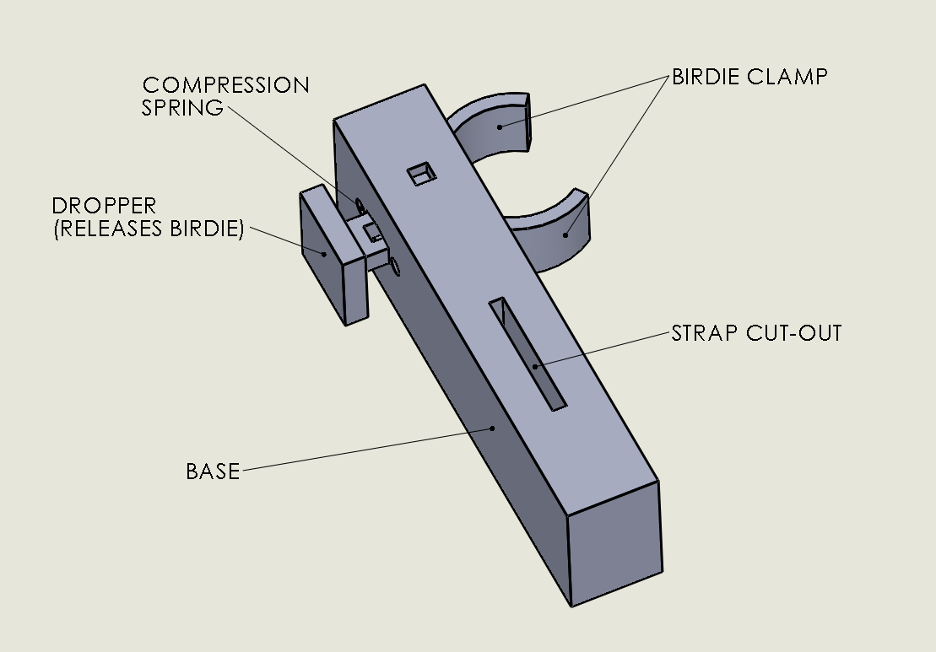Device B (CAD image; birdie, strap, springs not shown)
